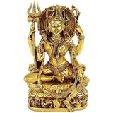 Brass Ardhanarishvara statue, seated multi-armed deity, ornate headdress, 9.7 in