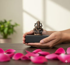 Hands holding Copper Lord Ganesha idol on dark display base