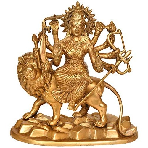 Brass Maa Durga decorative idol statue, holding weapons, standing on lion and rocks