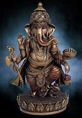 Multicolour Lord Ganesha resin statue on round pedestal with raised hands and ornaments
