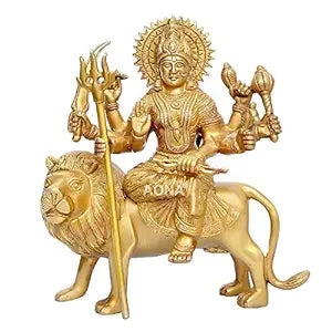 Brass Durga Maa Hindu Goddess Religious Metal Statue Idol Sculpture (Gold Antique) Height 9.2 Inch