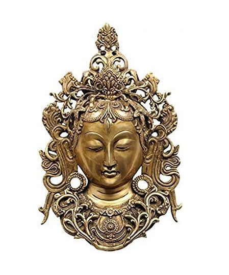 Brass Tara mask wall hanging with ornate crown and medallion accents