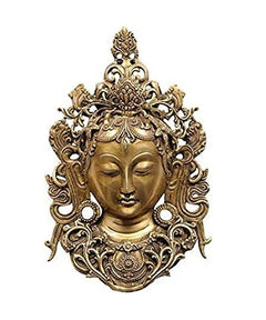 Brass Tara mask wall hanging with ornate crown and medallion accents