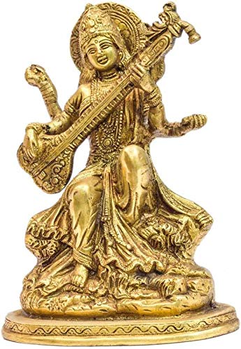 Maa Saraswati decorative brass idol, seated goddess with veena, 8 inch height