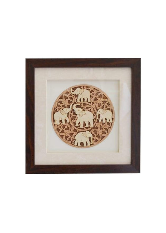 Wooden Art Work 5 Elephant In Beautiful Carving Circle Frame Wall Decor 8 x 8 Inch