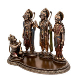 Polyresin Rama Darbar sculpture angled view of Rama, Lakshmana, and Sita on base