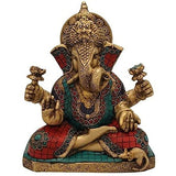 Brass Ganesha statue with twisted trunk, seated pose, colorful jewels and crown, 12 in