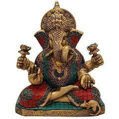 Brass Ganesha statue with twisted trunk, seated pose, colorful jewels and crown, 12 in