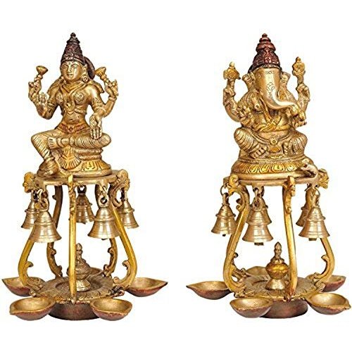 Brass Maa Lakshmi and Lord Ganesha lamps with hanging bells and diya holders