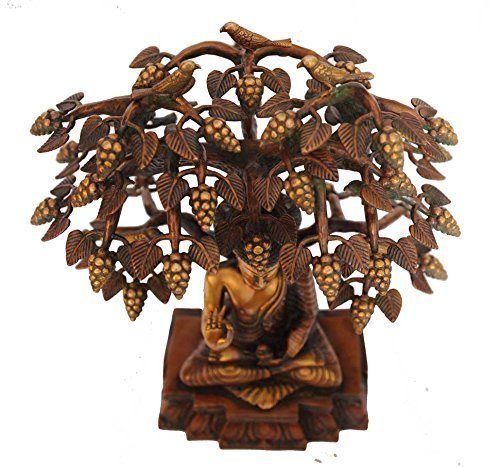 Brass Buddha sitting under Bodhi tree Statue (Height: 15 inches)