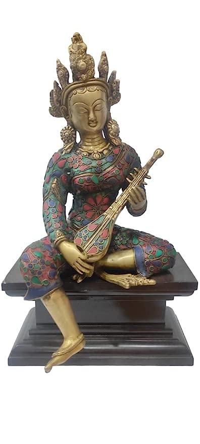 Saraswati Maa Brass Idol, Hindu Goddess Saraswati MATA murti for Pooja (Height: 15 Inches) (Multicolor)