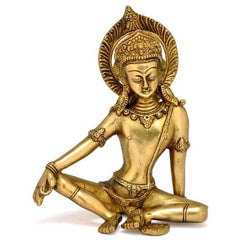 Indra brass seated idol, gold finish; hands on knee, halo crown behind head