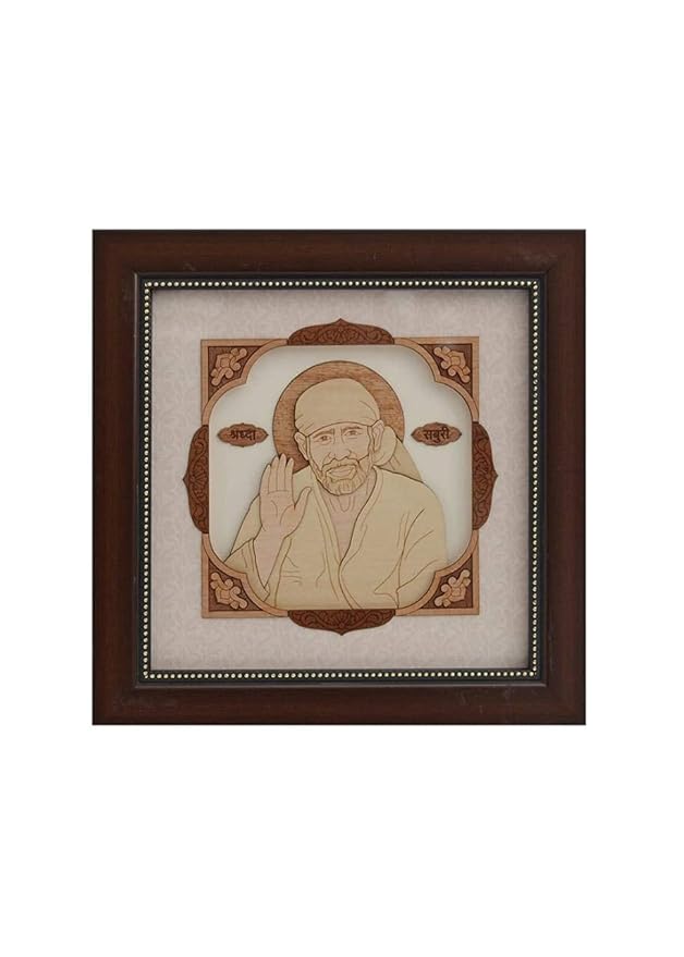 Wooden Art Work Sai Baba Shirdi wale Frame Wall Decor 8 x 8 Inch Craft Detail