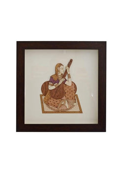 Wooden Art Work Indian Women With Sitar Frame Wall Decor 8 x 8 Inch