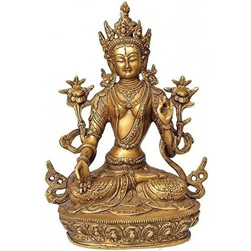 White Tara Devi Idol Statue Brass Tibetan Goddess Yin Kwan Sculpture Height 12 Inches