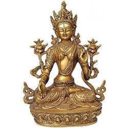 White Tara Devi Idol Statue Brass Tibetan Goddess Yin Kwan Sculpture Height 12 Inches