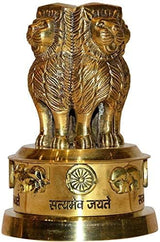 Brass Ashoka emblem memento showpiece with two lion figures and chakra