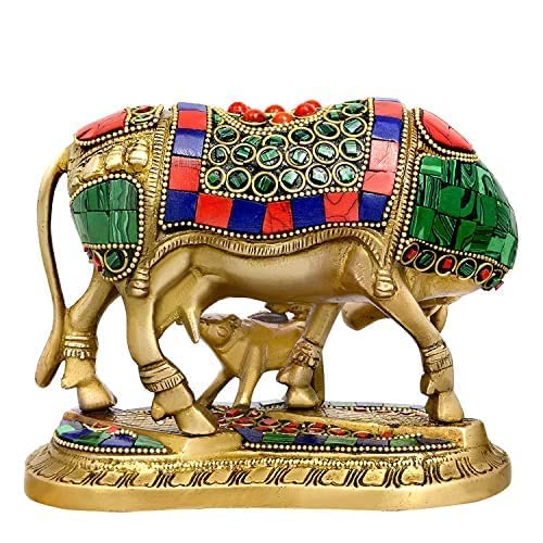 Brass Kamdhenu Cow and Calf Carving Om and Swastik Idol for Vastu, Mandir and Home Decor Height 5 Inch Study Setting