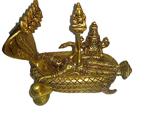 Anantha Padmanabha Idol (Anantha shayanem), Shri Lakshmi Narayan Idol, Maha Vishnu Padmanabhaswamy Brass Statue - 12.8 cm Height, 15.5 cm Length,Golden Color