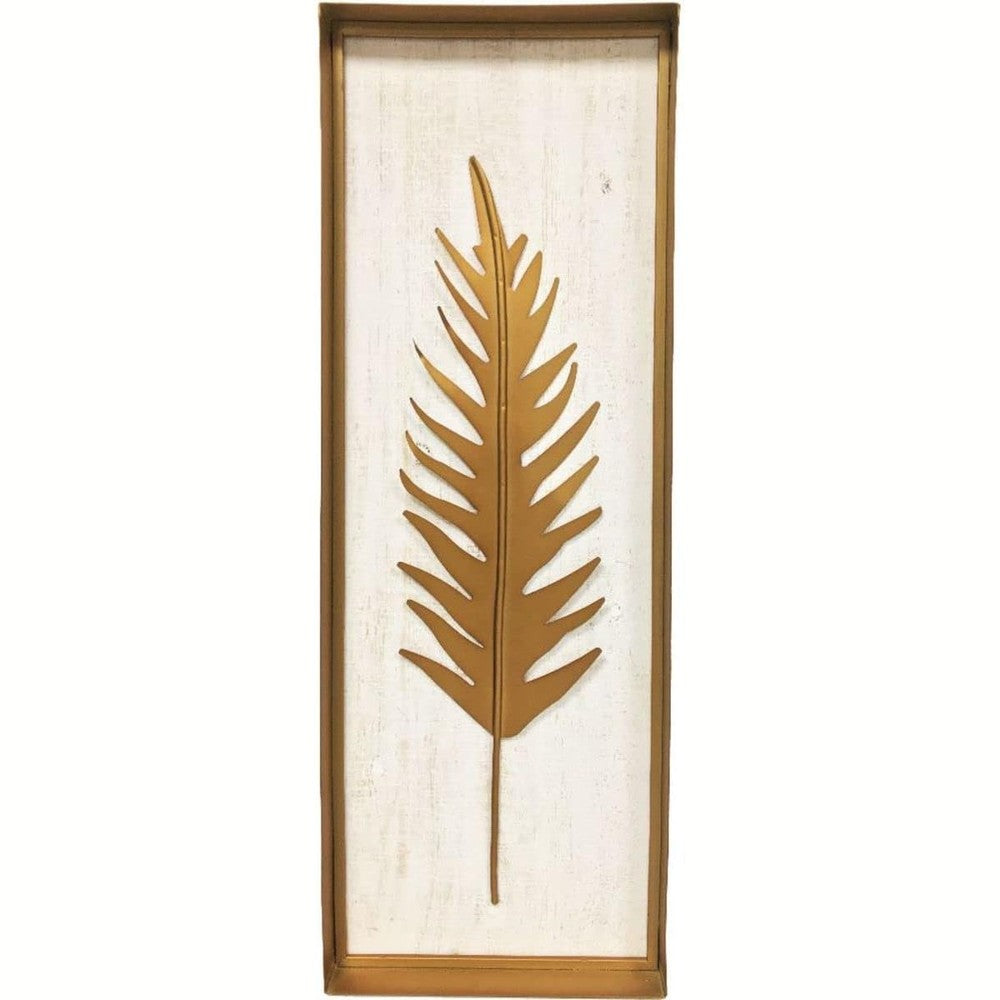 Iron leaf wall showpiece in wooden frame, gold metal leaf relief