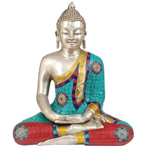 Brass Buddha statue in meditation pose, seated, with colorful mosaic robe, 16 in