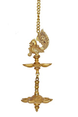 Brass hanging peacock diya with chain, ornate peacock figure and side bowl holders
