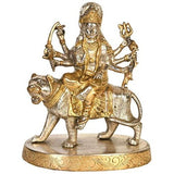 Brass Maa Durga decorative idol statue, seated on a lion with multiple raised arms