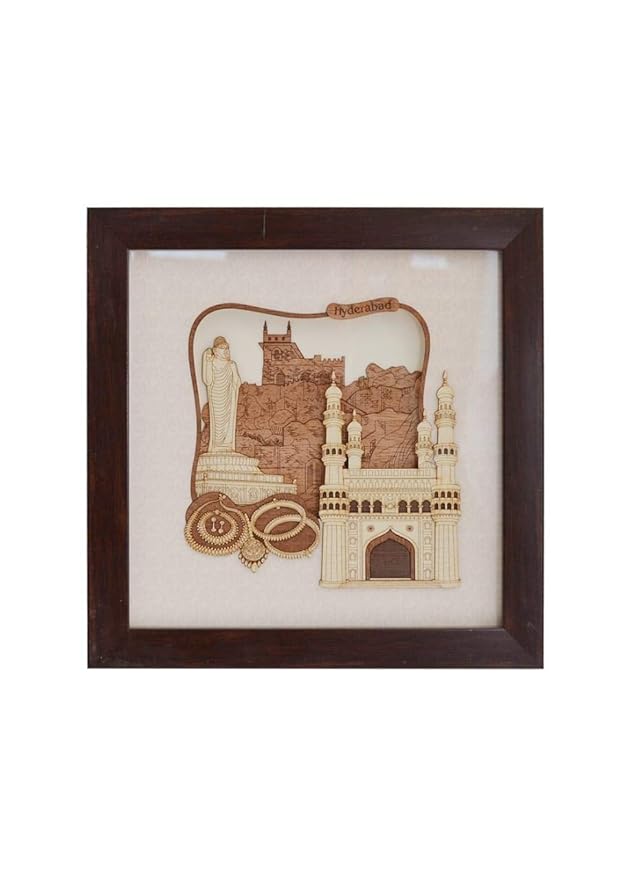 8x8 wooden framed wall decor with Hyderabad artwork and mosque, beads at bottom