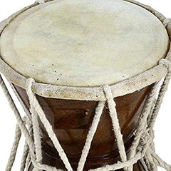 Damaru drumhead close-up with beige hide and rope lacing over dark body