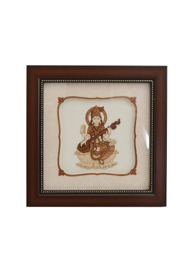 Wooden Saraswati Maa framed wall idol, dark brown frame with gold beaded border