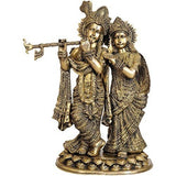 Brass Radha-Krishna Statue: Radha beside Krishna, Krishna holding flute, 28 in