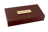 Metal Jain pooja gift box (8 inch), closed with engraved title plaque on brown lid