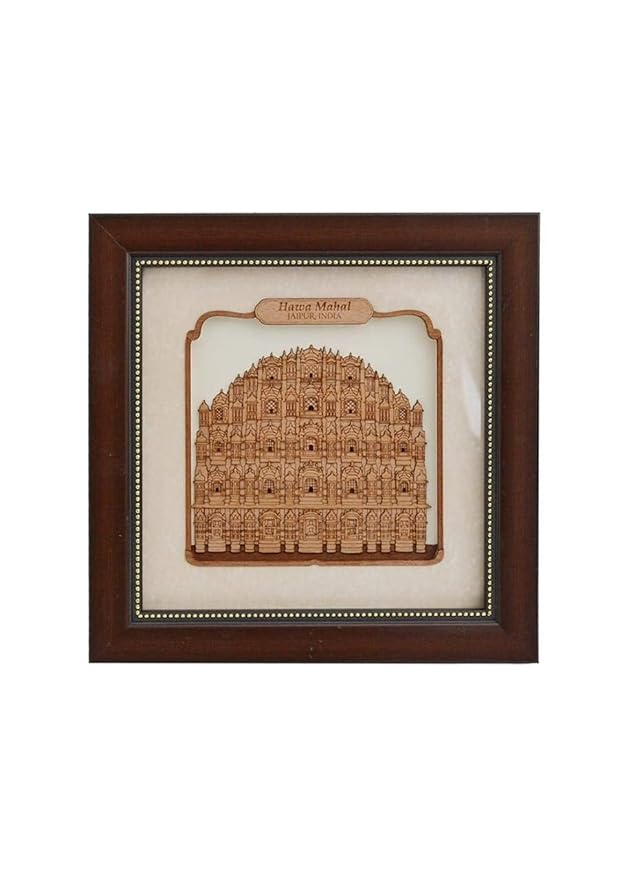 Hawa Mahal wooden framed wall art with bead border and arched building illustration, 8x8 in