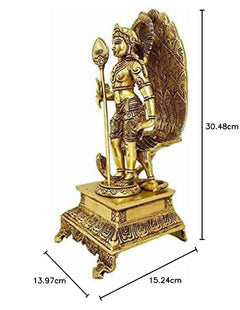 Brass Murugan-Kartikeya idol size diagram with height and base dimensions