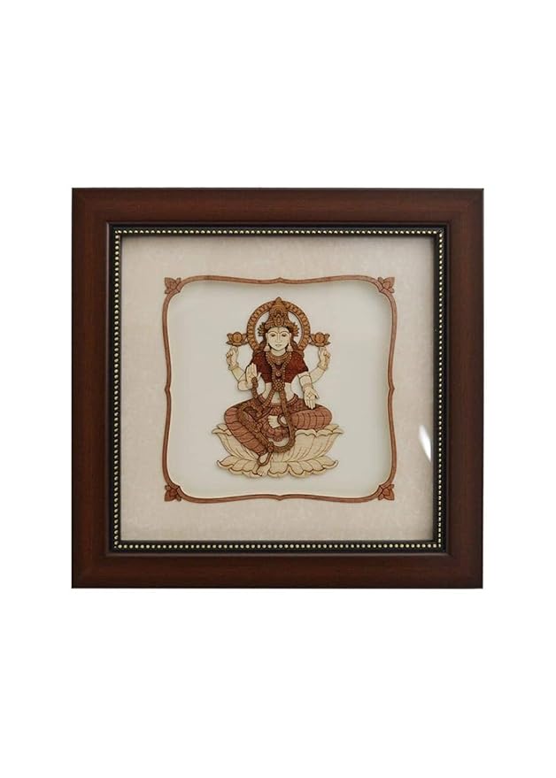 Maa Lakshmi wooden wall decor: square frame with deity seated on lotus