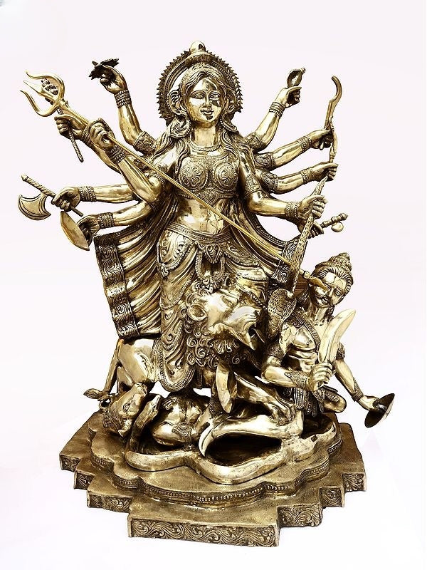 Brass Colossal Size Goddess Maa Durga | Mahishasurmardini Idol (Height: 62 Inches)