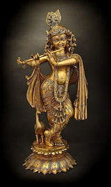 Brass Lord Krishna playing flute idol, detailed gold-tone dress and crown, 26 in