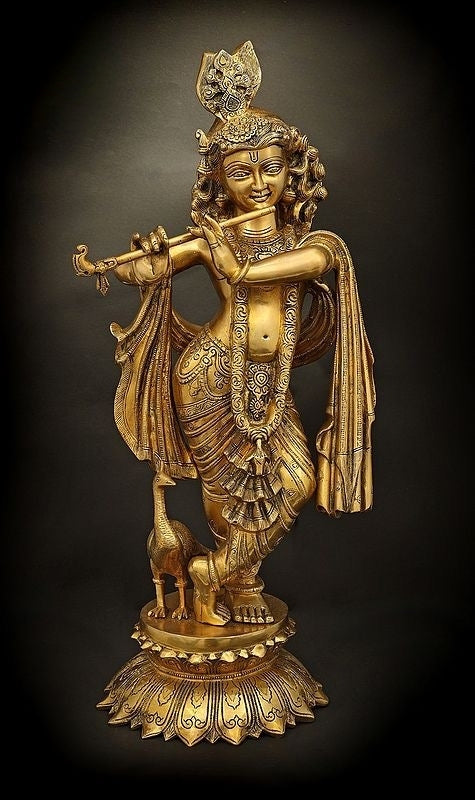 Brass Lord Krishna Playing Flute Idol (Height :26 Inches)