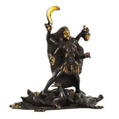 Brass Kali Maa idol: front view with gold details, multiple demon figures at the base
