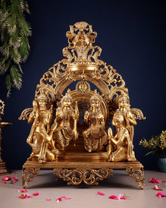 Brass ram darbar idol with ornate arched frame and four deity figures
