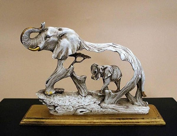 Polyresin Elephant with Baby Home Decor Showpiece Animal Figurine Antique Idol - Height 7.2 Inch, White Entryway Setting