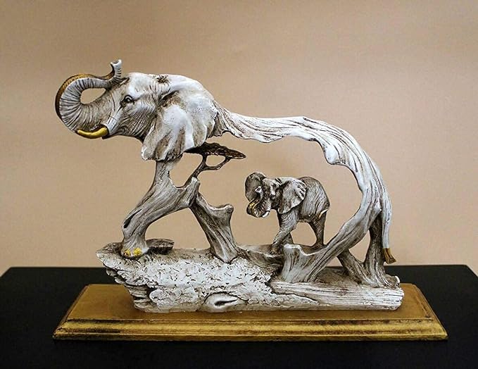 Polyresin Elephant with Baby Home Decor Showpiece Animal Figurine Antique Idol - Height 7.2 Inch, White Craft Detail