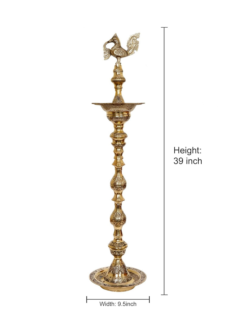 Brass Oil Lamp Diya Stand with Peacock Design - Handcrafted Indian Decor for Home and Pooja (Height 39 Inch)