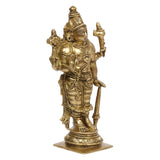 Brass Vishnu Narayana idol, three-quarter view, holds shankh and chakra, on pedestal base