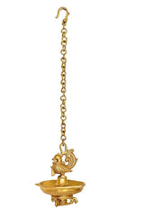 Brass hanging peacock diya oil lamp with chain and ornate bird figurine bowl