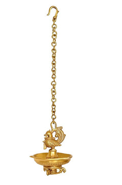 Brass hanging peacock diya oil lamp with chain and ornate bird figurine bowl