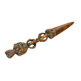 Furba phurpa dagger pendant side view, ornate cast figures and long pointed tip
