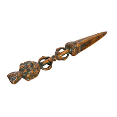 Furba phurpa dagger pendant side view, ornate cast figures and long pointed tip