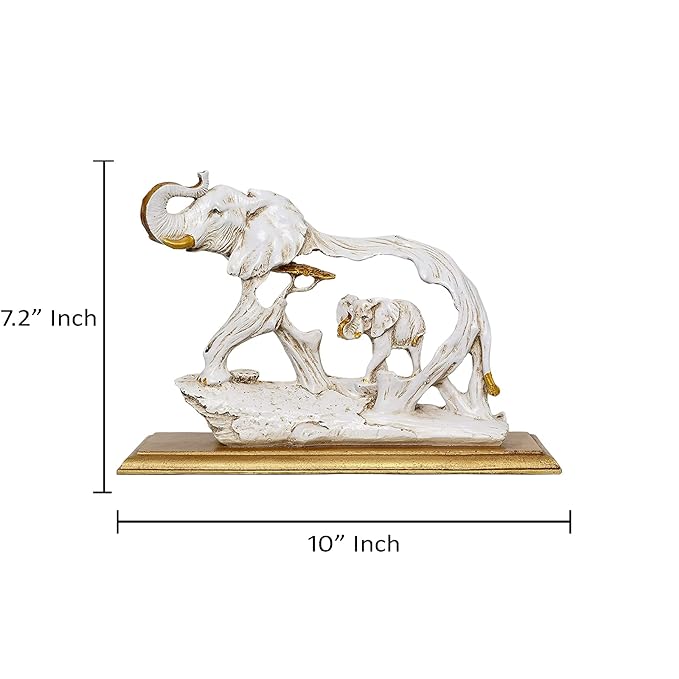 Polyresin Elephant with Baby Home Decor Showpiece Animal Figurine Antique Idol - Height 7.2 Inch, White