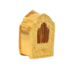 Gold-tone gau box angled view with arched doorway and engraved decorative trim